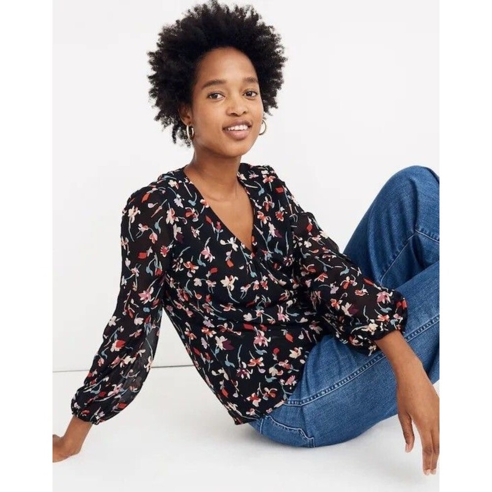 MADEWELL Shirred-Sleeve V-Neck Top XS Drifting Flowers True Black NWT B97